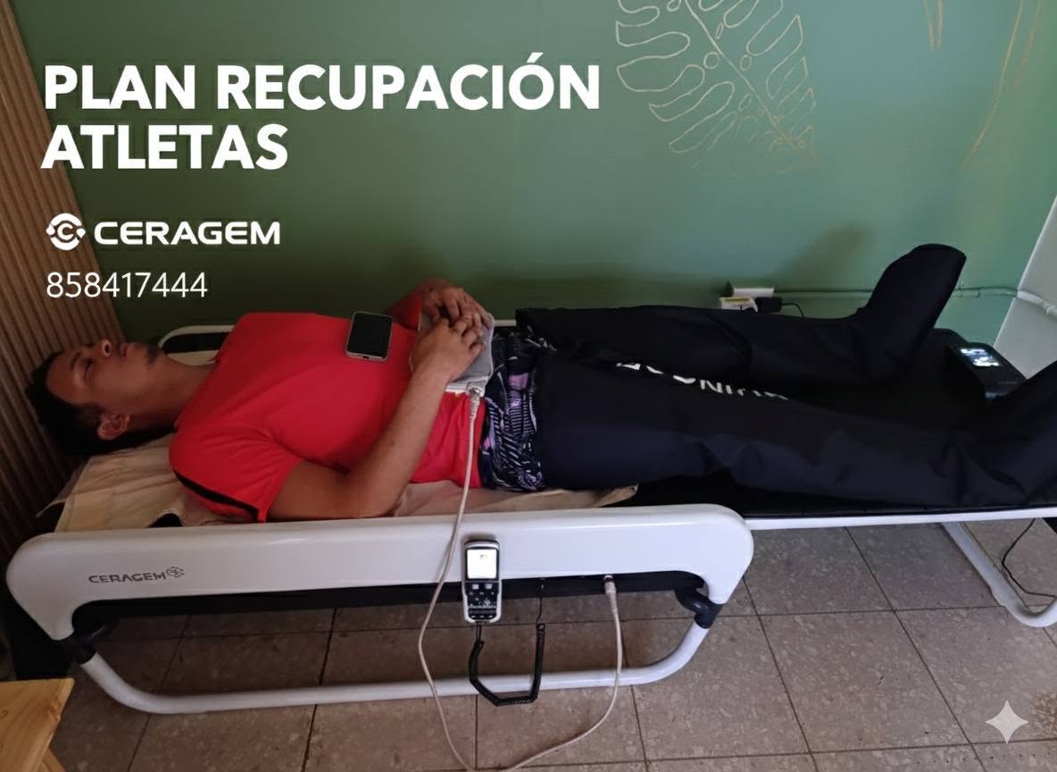 Atleta en cama Ceragem con botas de presoterapia